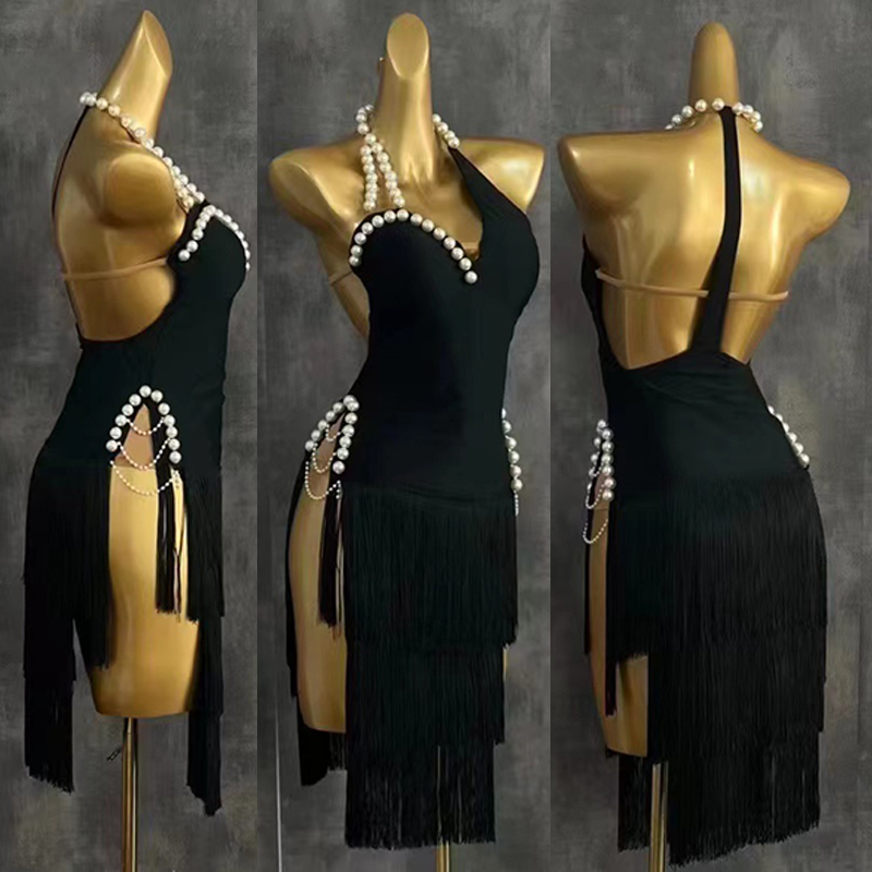Beaded Trim Fringe - 女性用フリンジ付きラテンダンスドレス,競技用パフォーマンスウェア,rumba,samba,ハイエンド,nv22480,2025