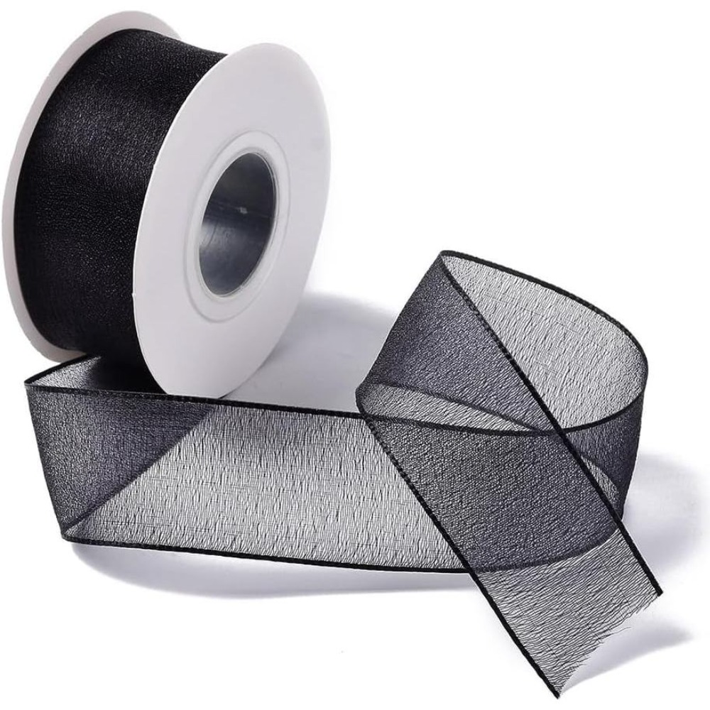 Organza Ribbon Spool - 1インチ ブラックオーガンザリボン ワイヤー入りシースルーメッシュシフォンリボン シルク透明クリアファブリックリボン スプール付きバルクロール