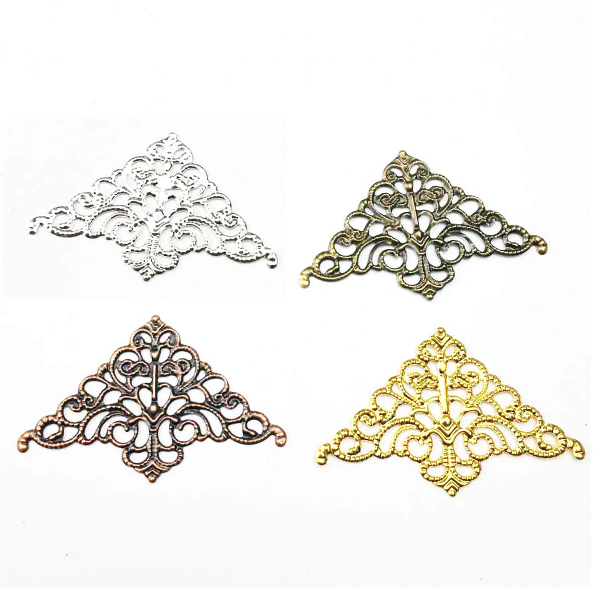 Craft Embellishments - 200個入り中空コネクター三角形フィリグリーラップ 32x51mm 金属装飾品 4色 DIYヘッドウェアジュエリークラフトアクセサリー用