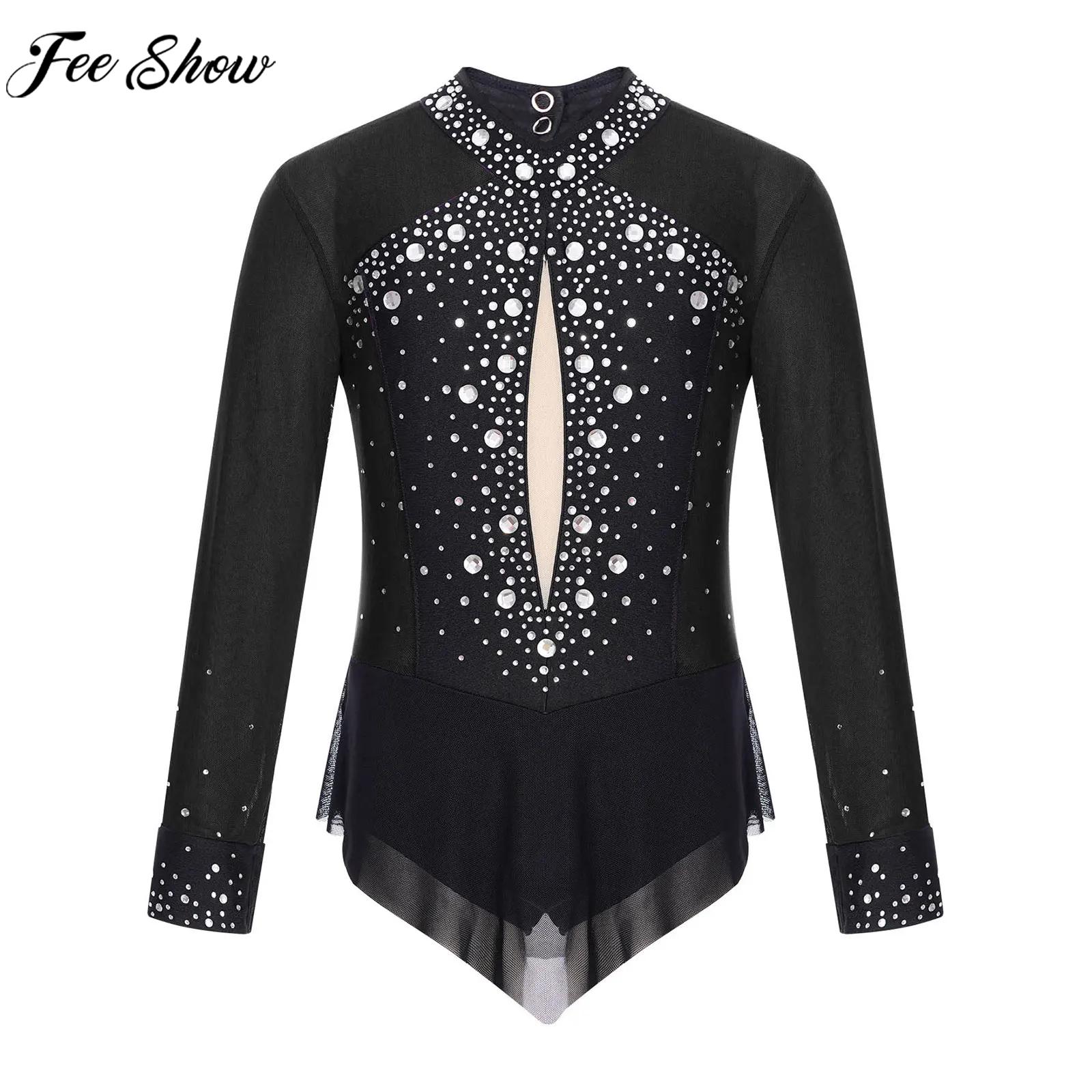 Rhinestone Banding Trim - 子供女の子フィギュアスケート衣装バレエダンス体操アクロバットレオタード長袖光沢のあるラインストーン薄手のメッシュボディスーツ