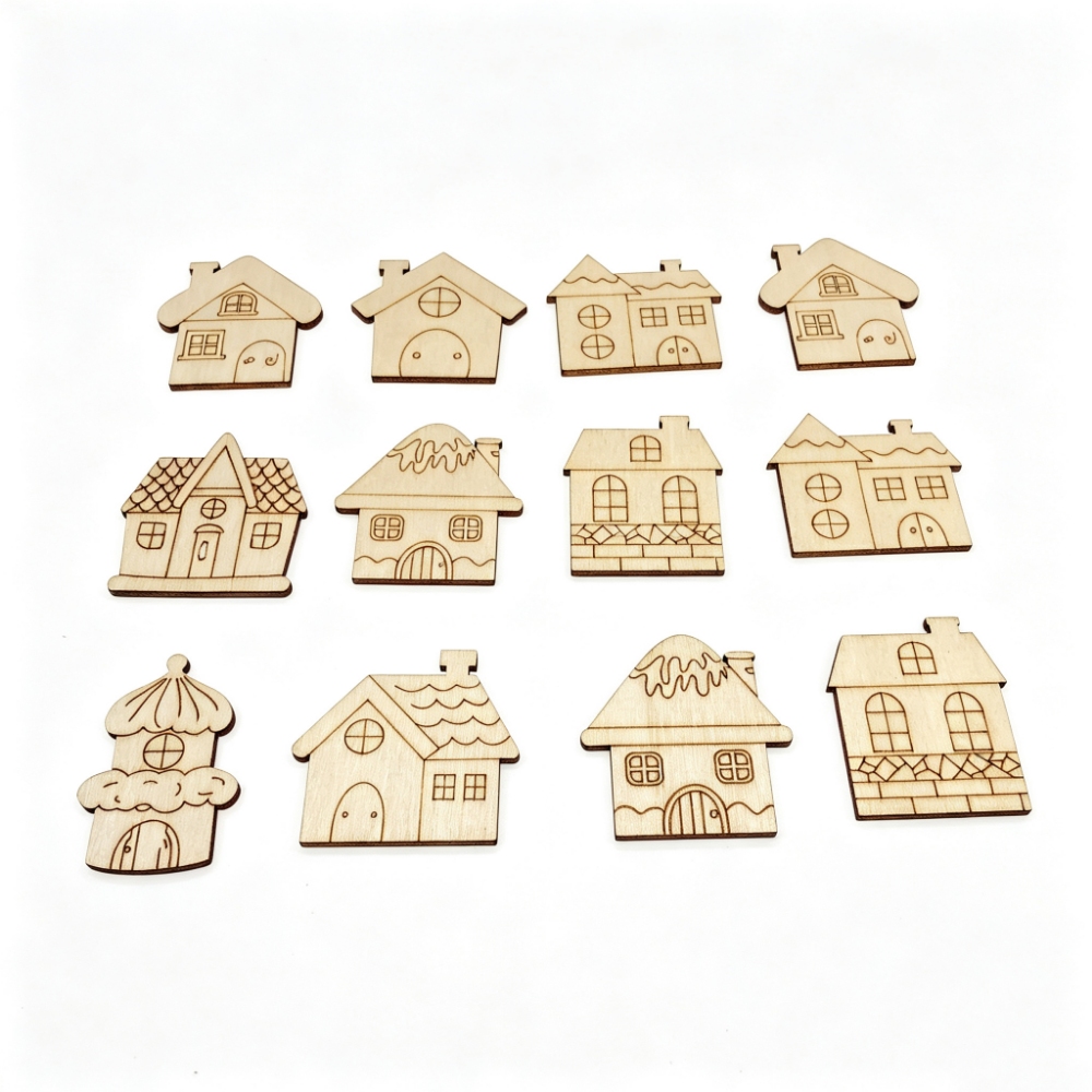 40mm、80mmのクリスマス用木製オーナメント。未塗装の家 - Christmas Craft Embellishment のレビューと価格