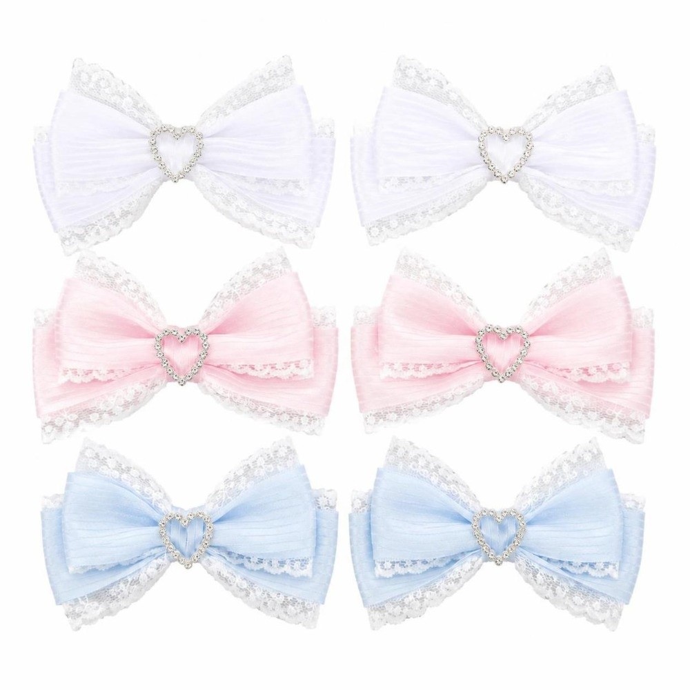 サテンリボンボウヘアクリップ1組、レーストリム、ハートディテ - Lace Ribbon Trim のレビューと価格