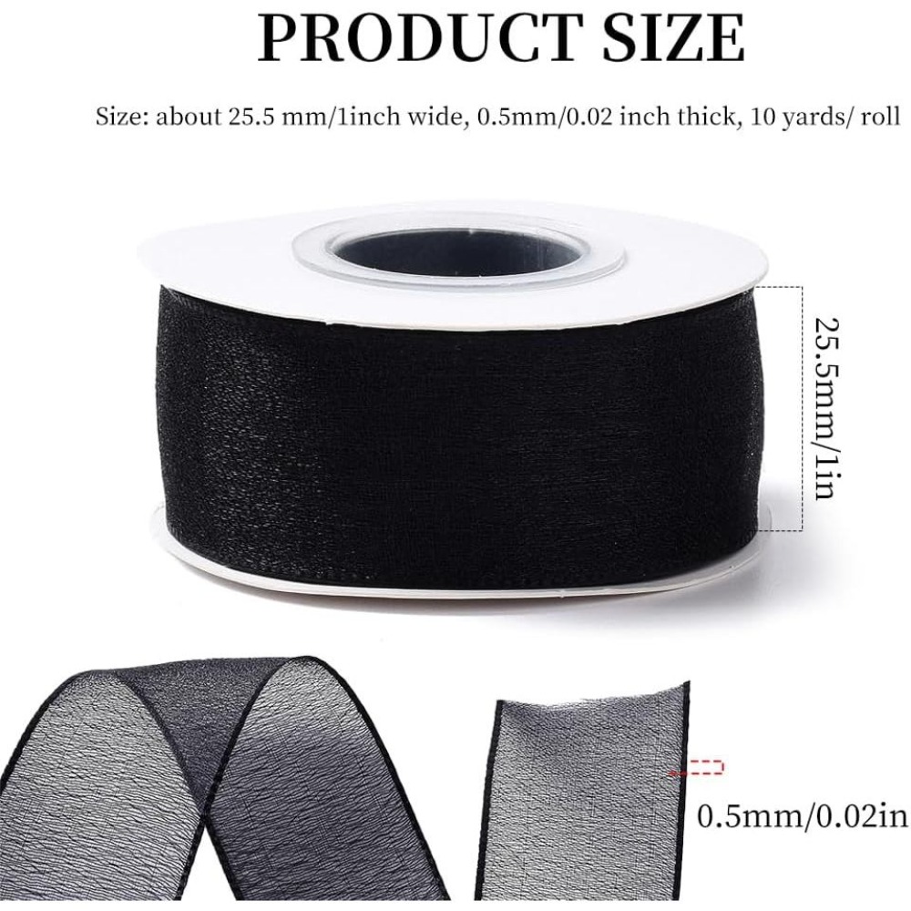 1インチ ブラックオーガンザリボン ワイヤー入りシースルーメ - Organza Ribbon Spool のレビューと価格