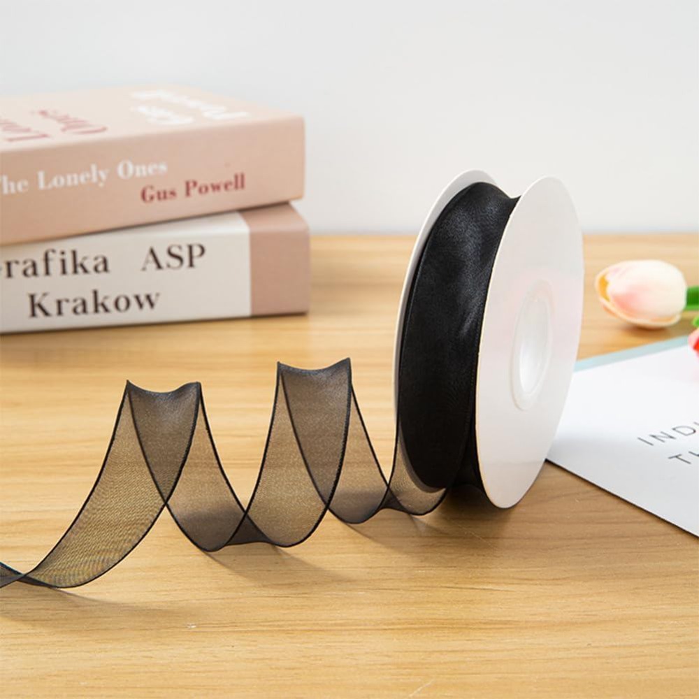 1インチ ブラックオーガンザリボン ワイヤー入りシースルーメ - Organza Ribbon Spool のレビューと価格
