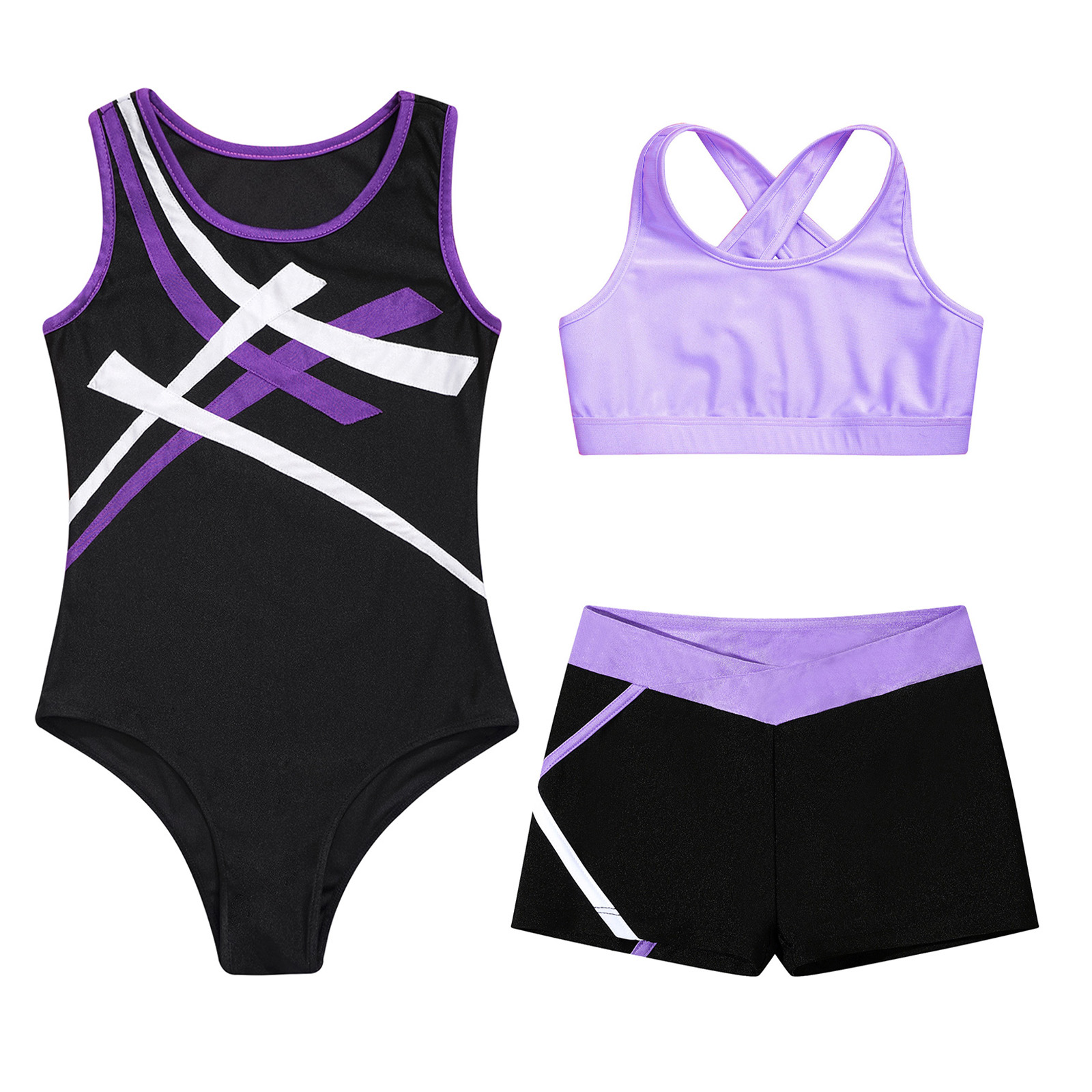 女の子用のノースリーブ体操レオタードとラインストーンショーツ - Rhinestone Banding Trim のレビューと価格